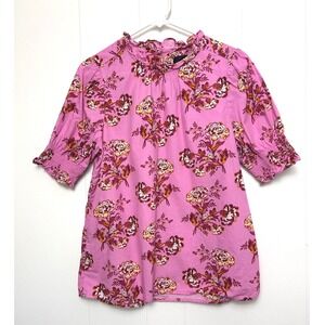 J. Crew Blouse women's S Pink Floral Ruffled Mock Neck Smocked Sleeve Top spring